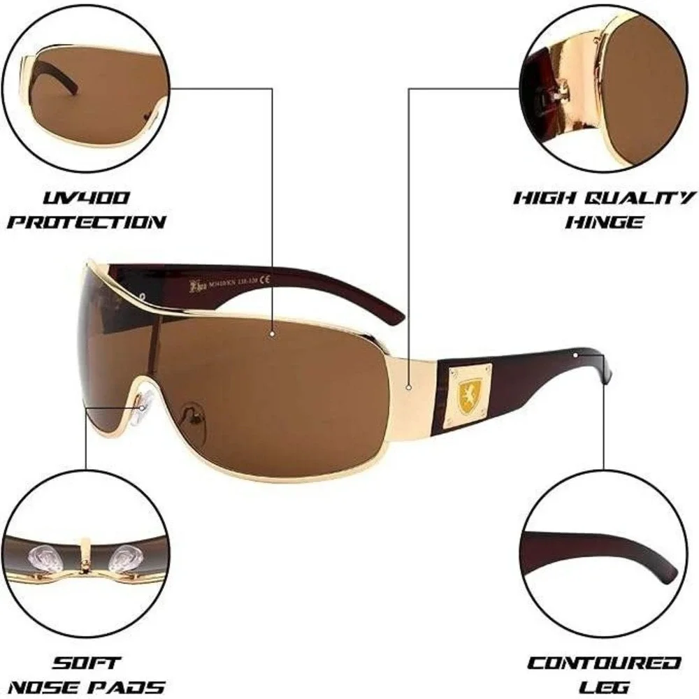 Block Curved One Piece Shield Sunglasses‎ Men's Flat Top Gold Frame Brown Lens